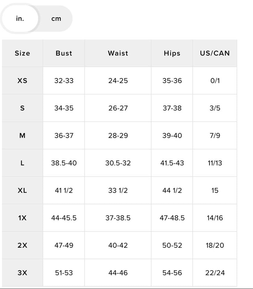 Dresses size guide with measurements in inches and centimeters