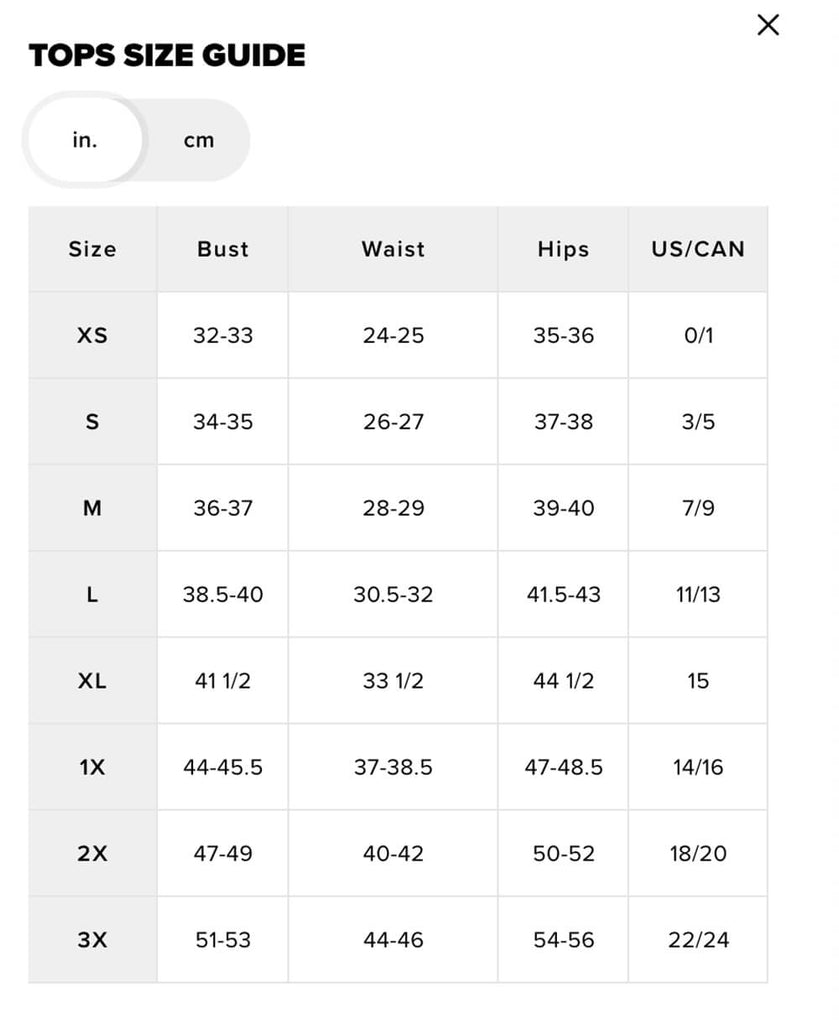 Charming Bunny tops size chart