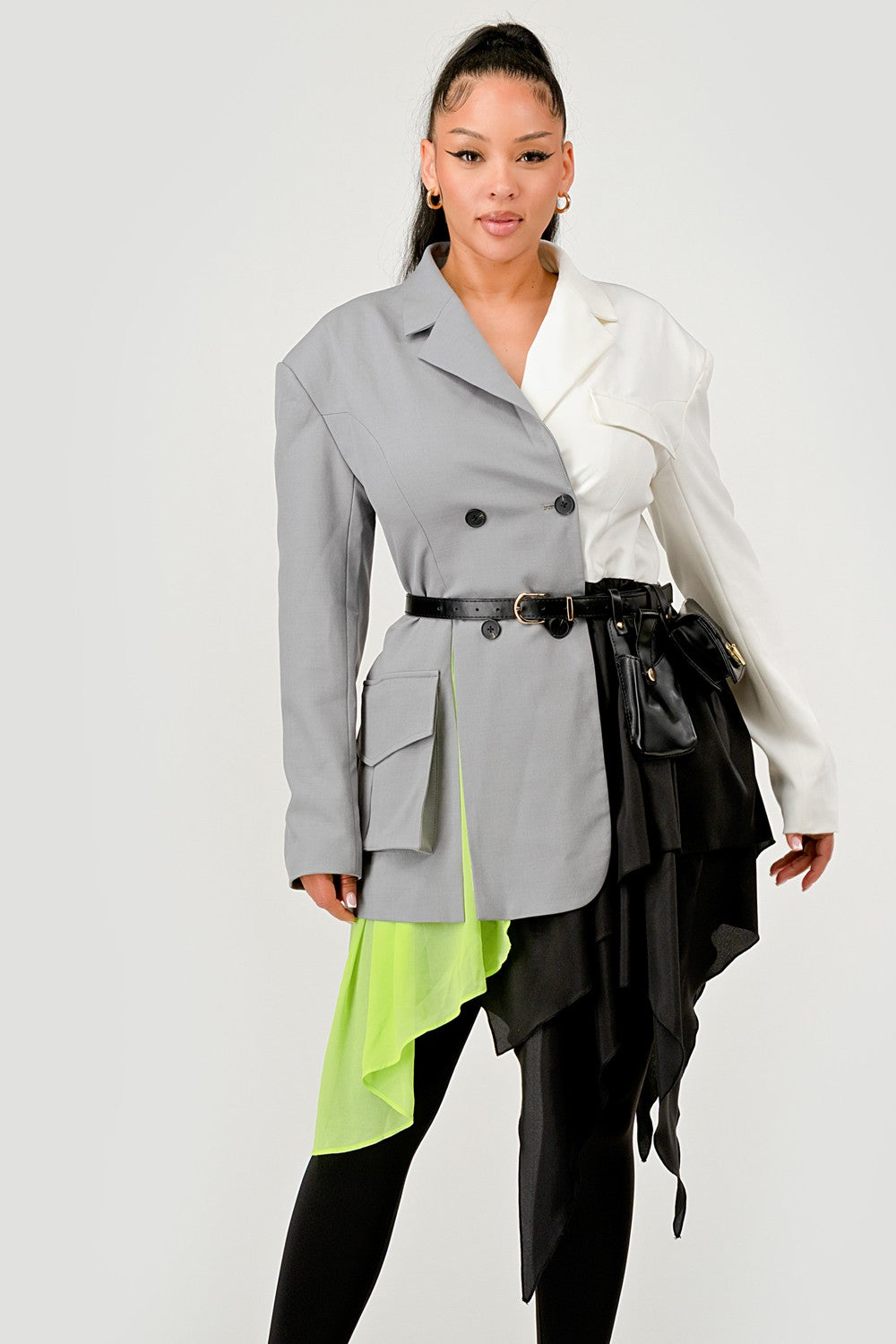 model wearing Grey and White Colorblock Blazer with Layered Neon Green and Black Skirt Detail – Avant-Garde Statement Jacket
