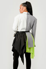 model showing back of Grey and White Colorblock Blazer with Layered Neon Green and Black Skirt Detail – Avant-Garde Statement Jacket
