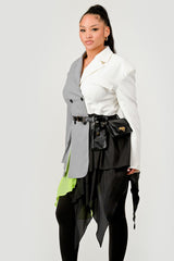 model wearing Grey and White Colorblock Blazer with Layered Neon Green and Black Skirt Detail – Avant-Garde Statement Jacket