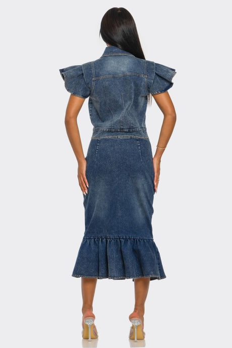 Denim dress with ruffled sleeves and hem on a white background