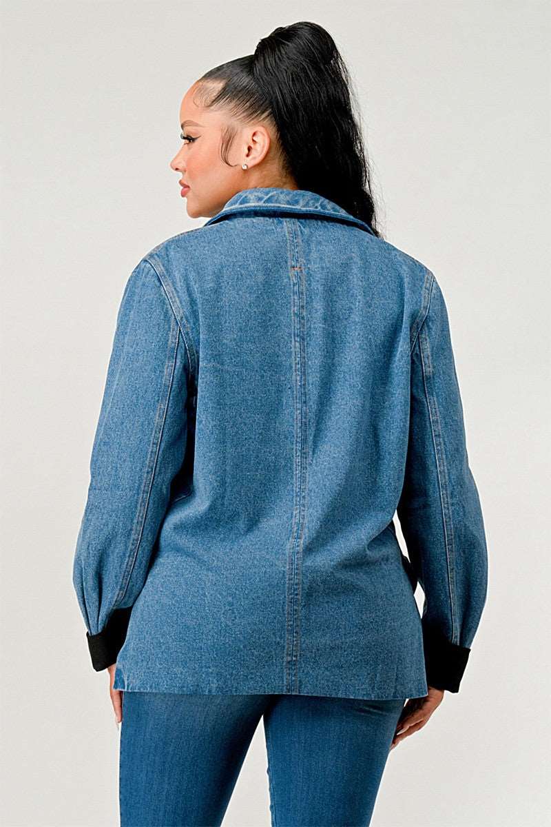 Denim Cinch Contrast Blazer Statement Jacket