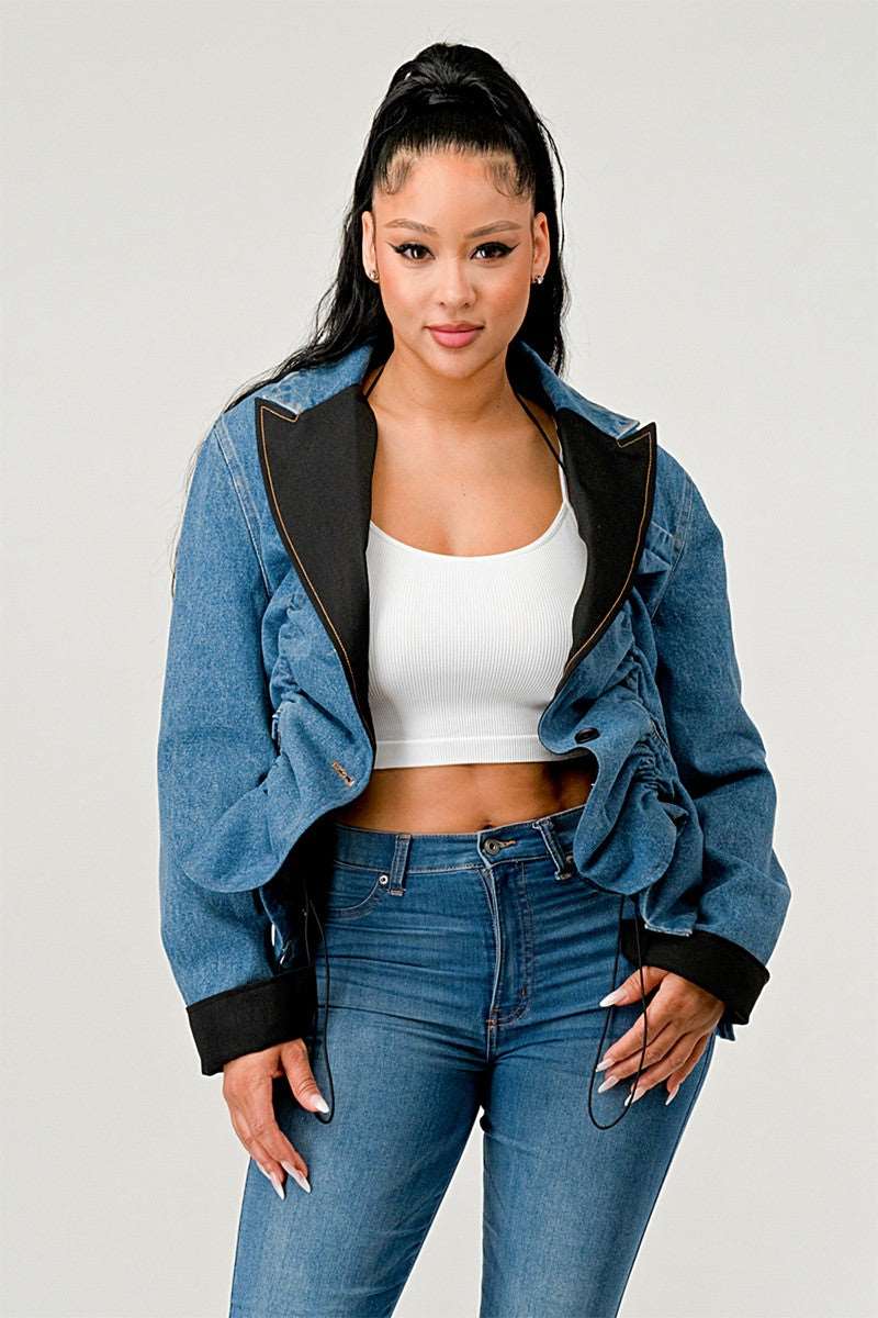 Denim Cinch Contrast Blazer Statement Jacket