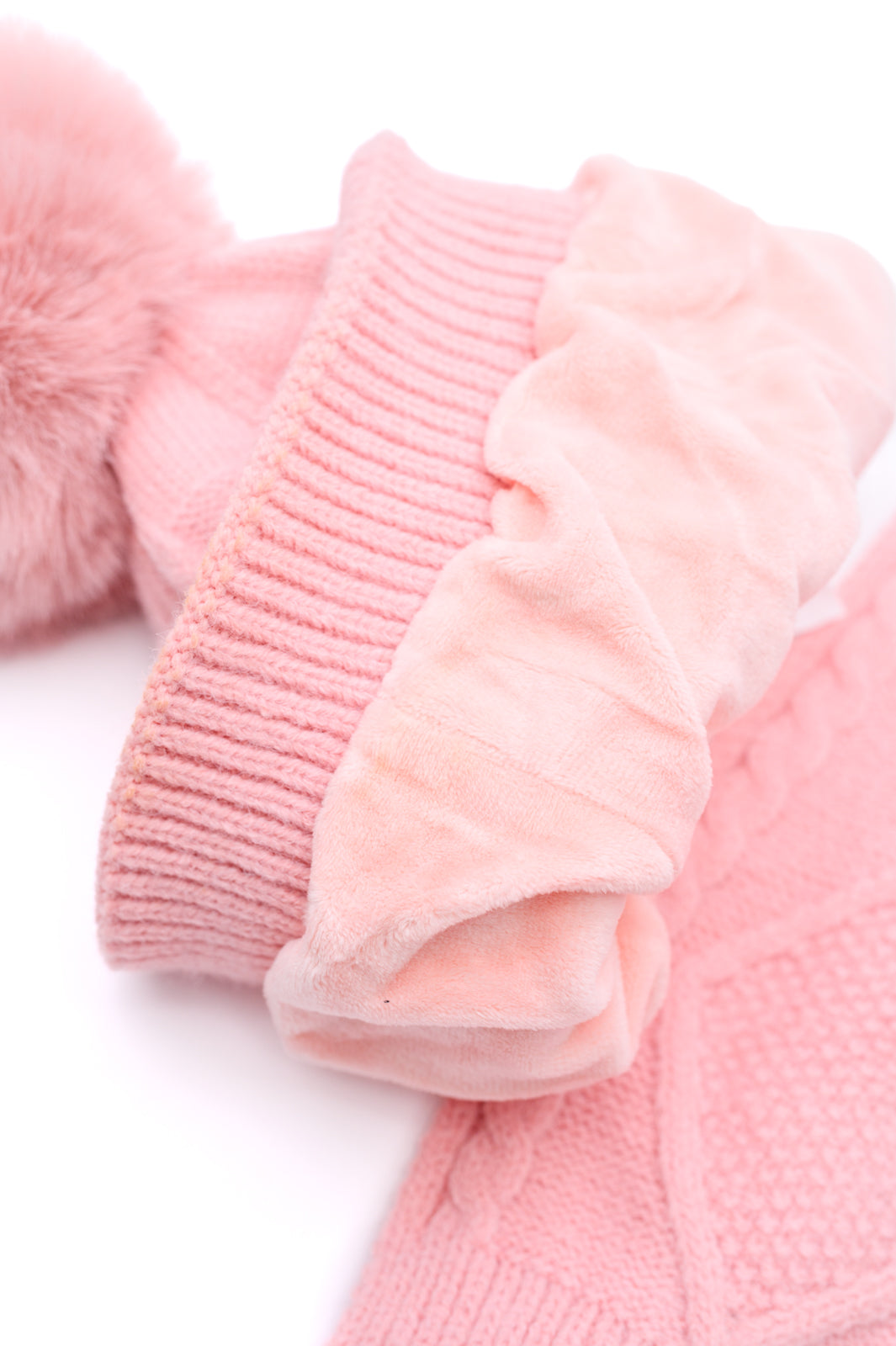 pink beanie gloves and scarf