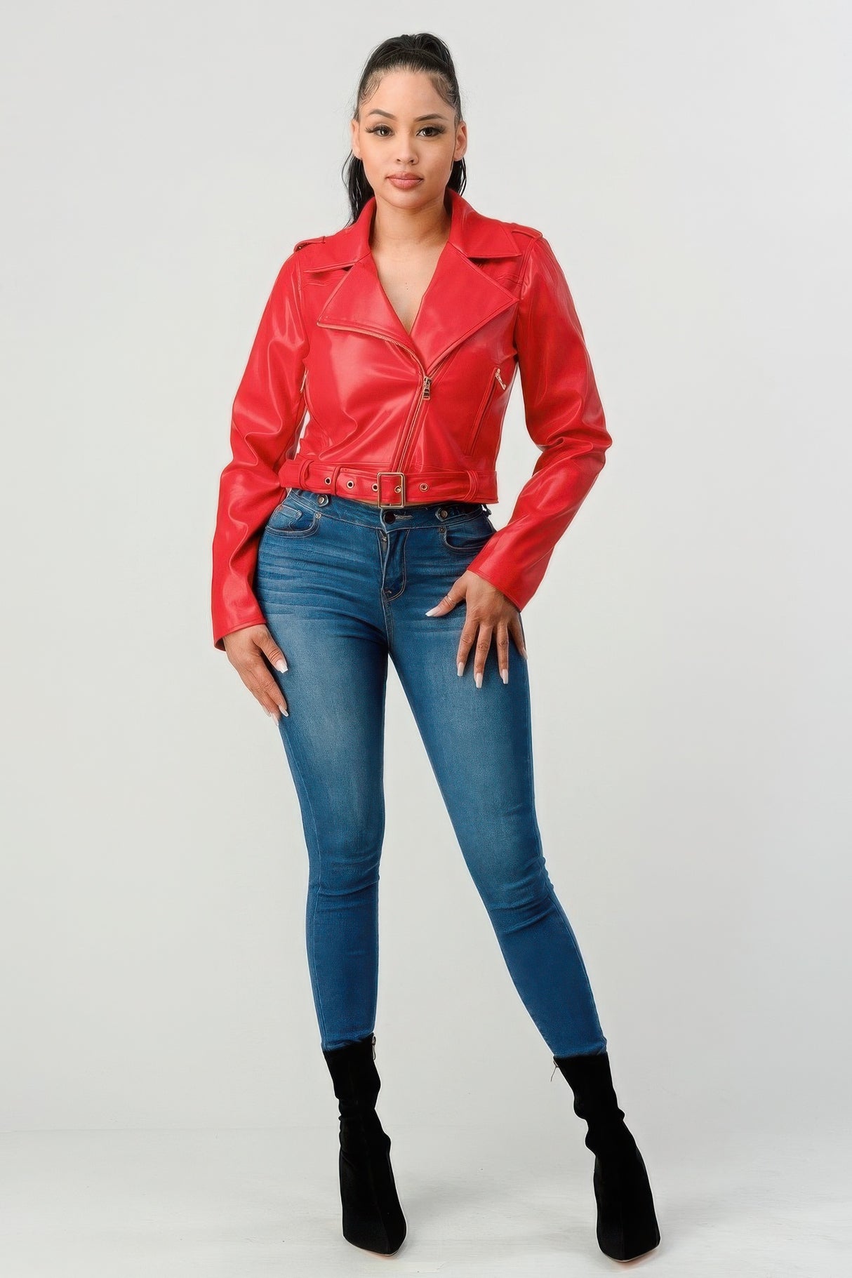 Red Zipped Up Faux Leather Jacket