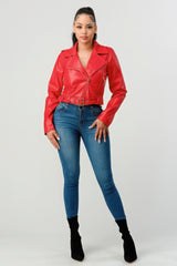 Red Zipped Up Faux Leather Jacket