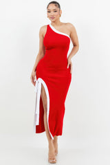 Red one-shoulder dress with white accents on a white background