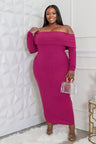 Magenta Plus Size Long Sleeve Off Shoulder Maxi Dress front view