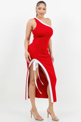 Woman wearing a red one-shoulder dress with a white slit on a white background