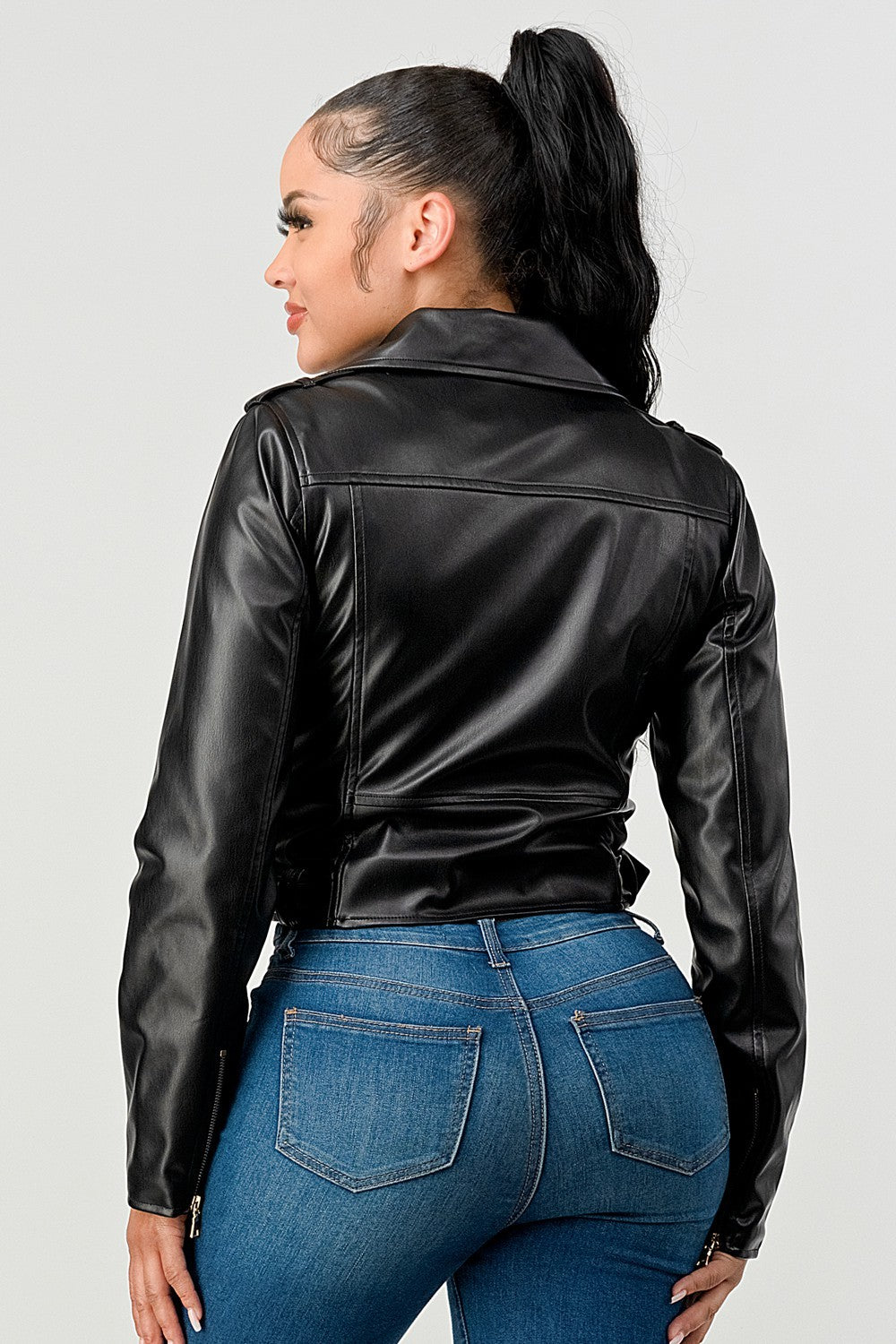 Black Zipped Up Faux Leather Jacket