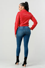 Red Zipped Up Faux Leather Jacket