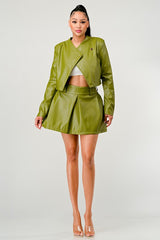 Olive Green Faux Leather Jacket with Matching Pleated Skirt Set