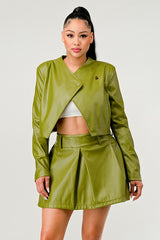 Olive Green Faux Leather Jacket with Matching Pleated Skirt Set