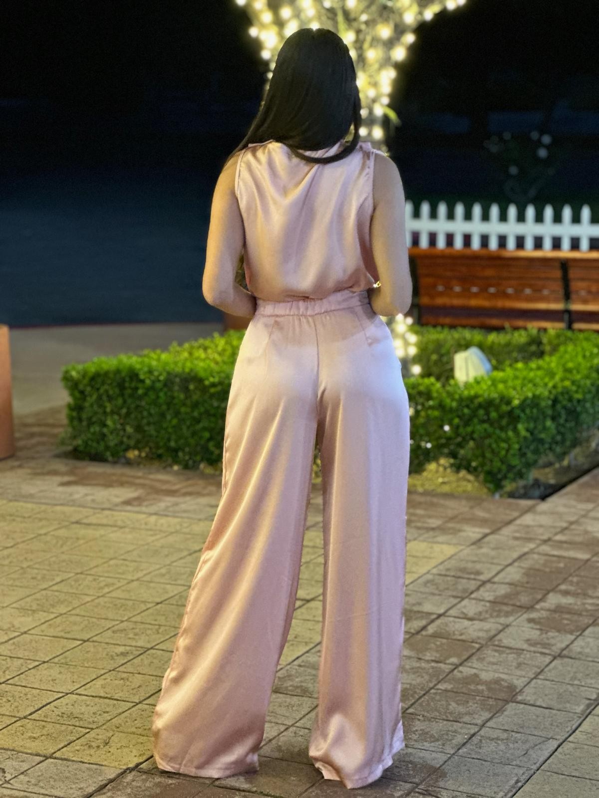 Pink Wide Leg Satin Pant Set