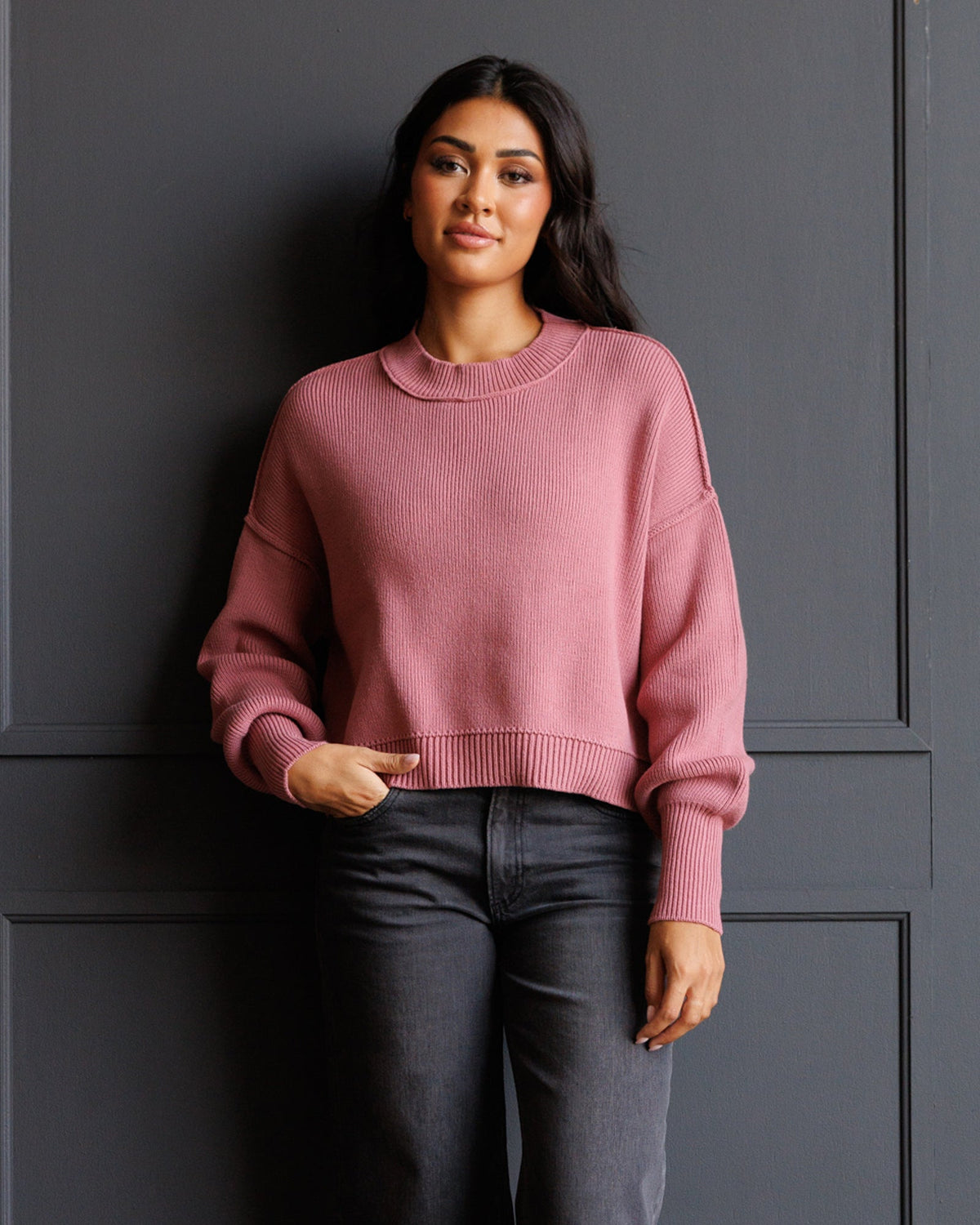 Dusty Rose Dropped Shoulder Pullover Sweater