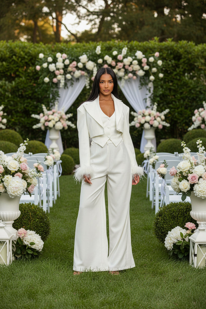 Woman wearing a white outfit on a white background