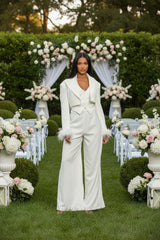 Woman wearing a white outfit on a white background