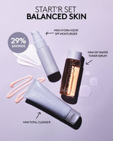 Skincare product set with 'Start'r Set Balanced Skin' text on a light purple background