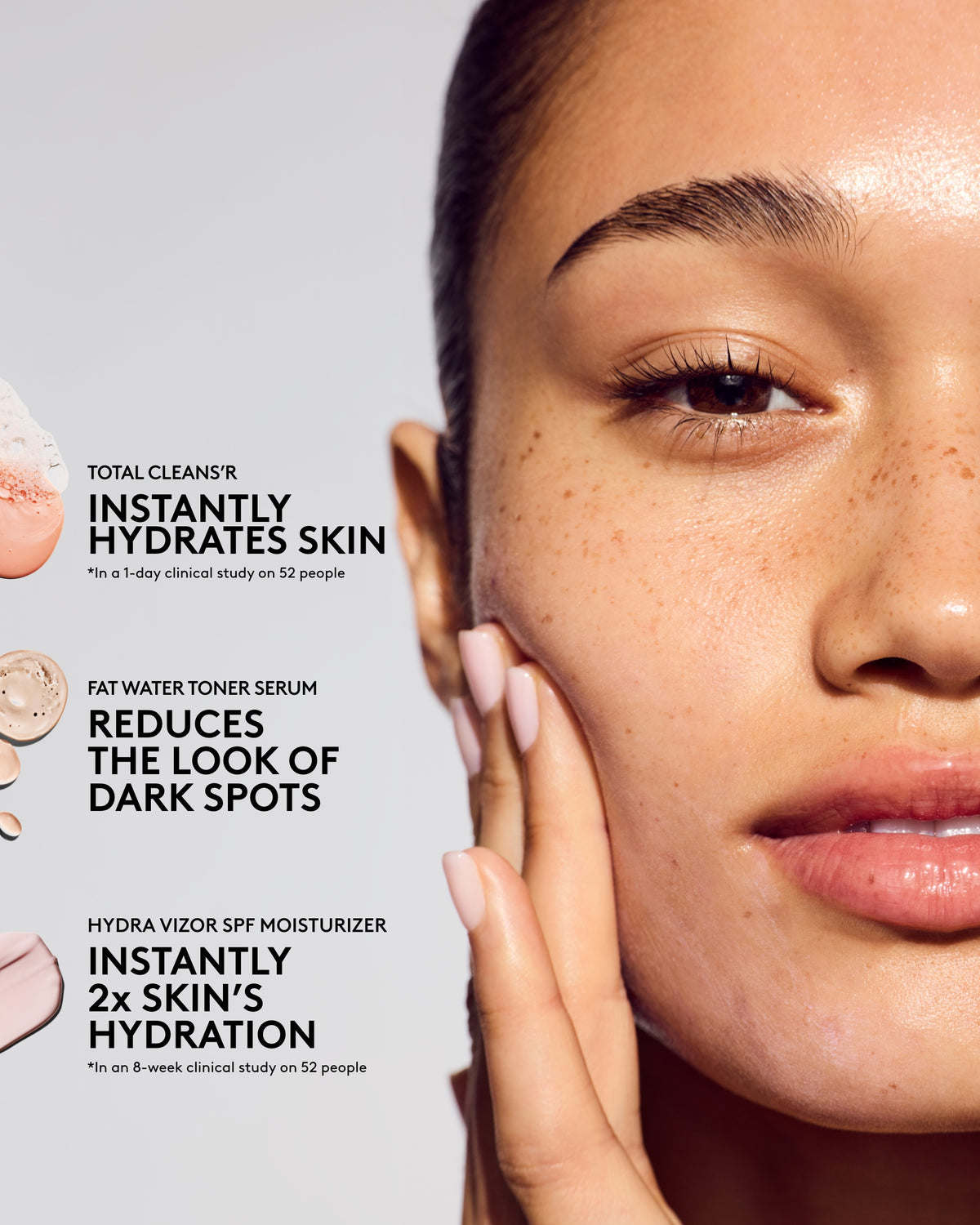 Aa close-up of a woman's face and text about Fenty Skin Travel-Size Start'r Set For Balanced Skin benefits.