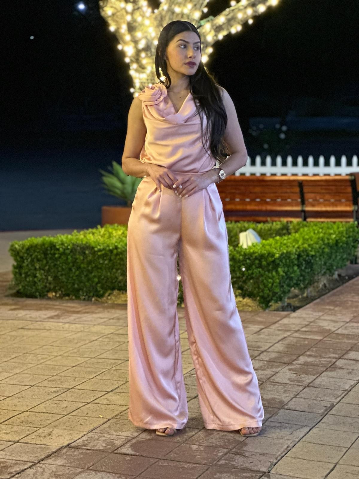 Pink Wide Leg Satin Pant Set