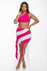Woman wearing a pink and white striped skirt set on a white background
