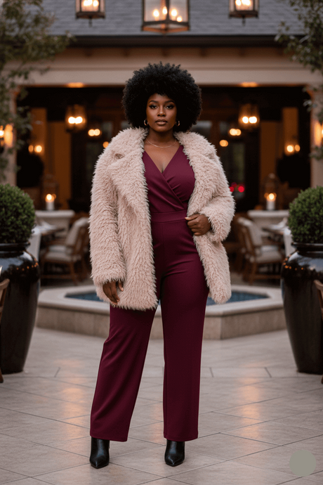Woman in a pink fur coat and burgundy outfit standing in an outdoor setting.