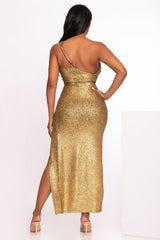 Woman wearing a gold sequin dress on a white background back view