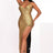 gold one shoulder metallic maxi dress with slit with white background