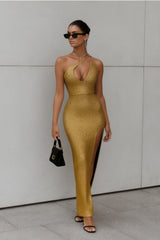 gold one shoulder metallic maxi dress with slit