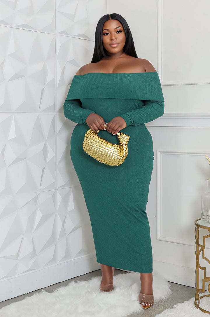 green Plus Size Long Sleeve Off Shoulder Maxi Dress