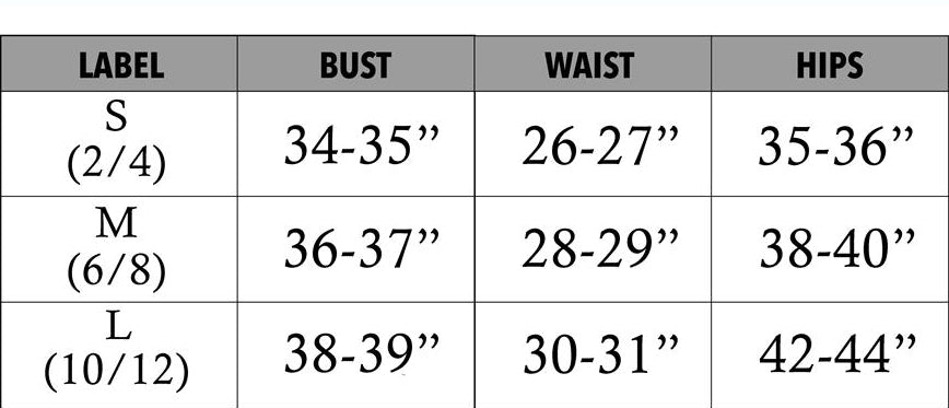 Size chart for clothing measurements with labels S, M, and L.