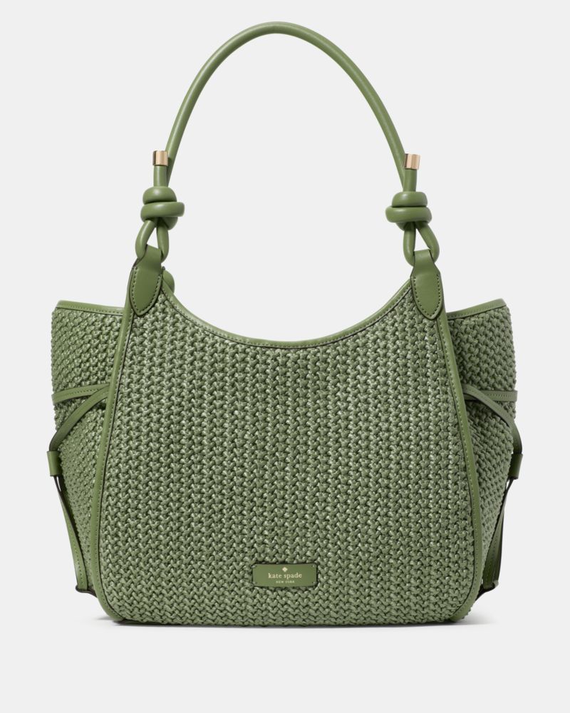 Stash Straw Carryall Bag Green woven handbag on a white background