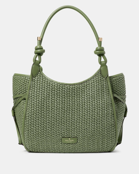 Stash Straw Carryall Bag Green woven handbag on a white background