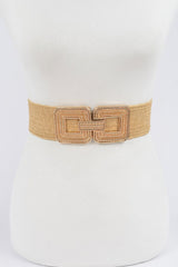 Beige woven belt on a mannequin with a white background