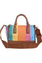 Multicolored handbag with brown straps and 'Kurt Geiger' branding on a white background