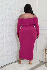 Magenta Plus Size Long Sleeve Off Shoulder Maxi Dress back view