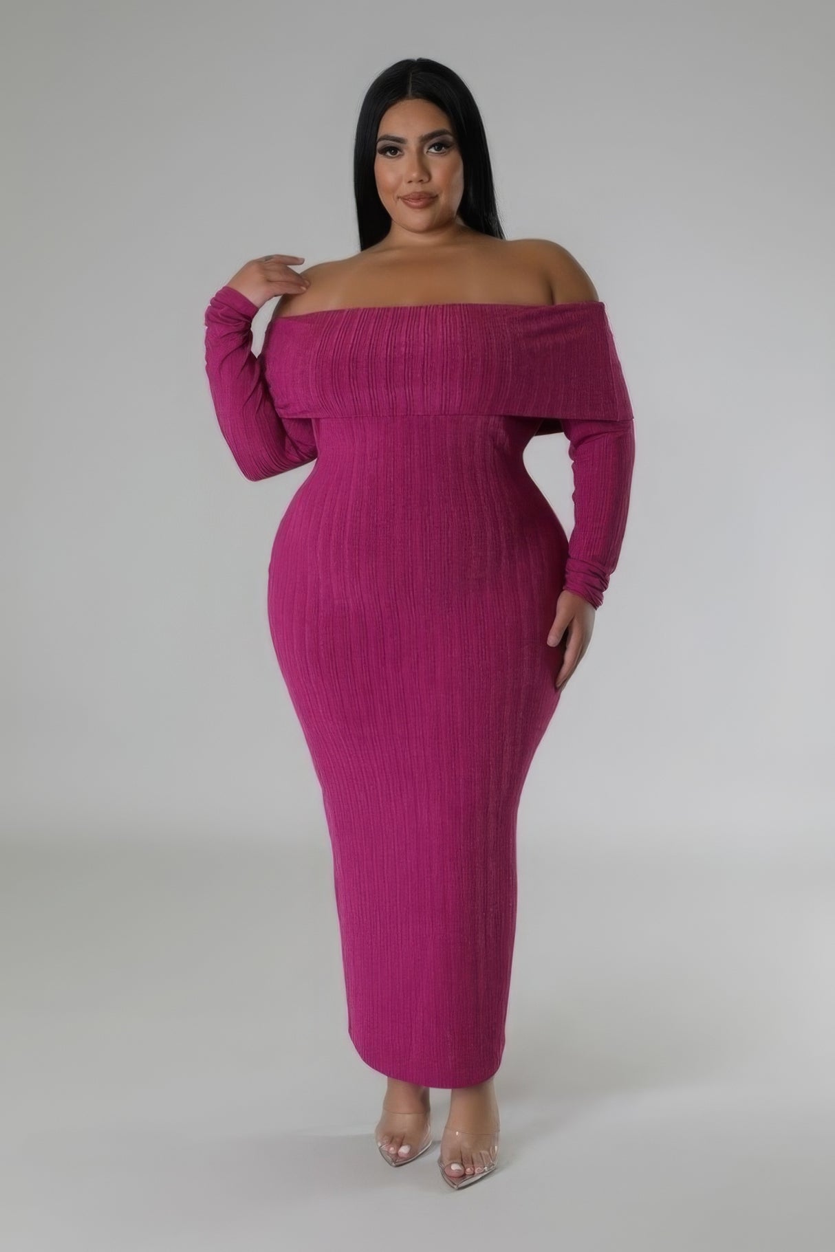 Magenta Plus Size Long Sleeve Off Shoulder Maxi Dress