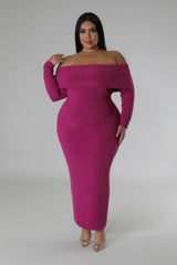 Magenta Plus Size Long Sleeve Off Shoulder Maxi Dress