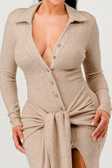 Mocha Ribbed Long Sleeve Tie Front Maxi Dress