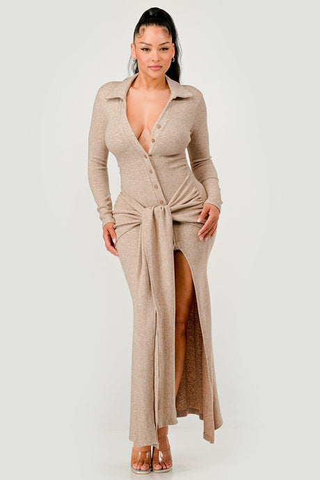 Mocha Ribbed Long Sleeve Tie Front Maxi Dress