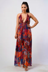 multi color Boho Print Sequin Trim Maxi Dress