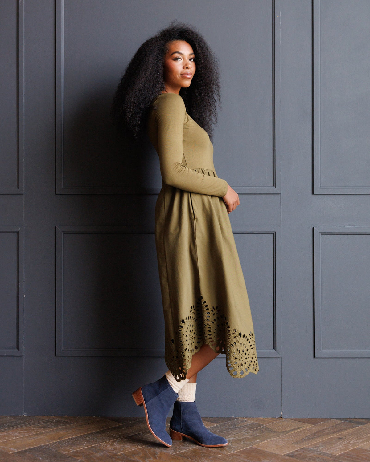 Olive Green Eyelet Hem Maxi Dress