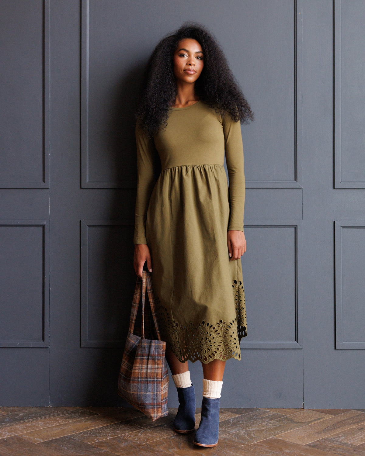 Olive Green Eyelet Hem Maxi Dress