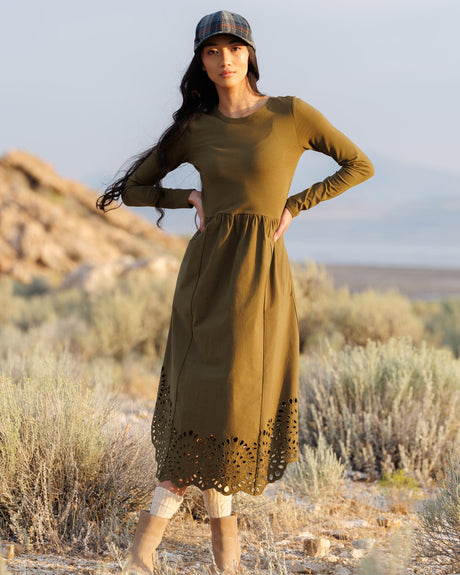 Olive Green Eyelet Hem Maxi Dress
