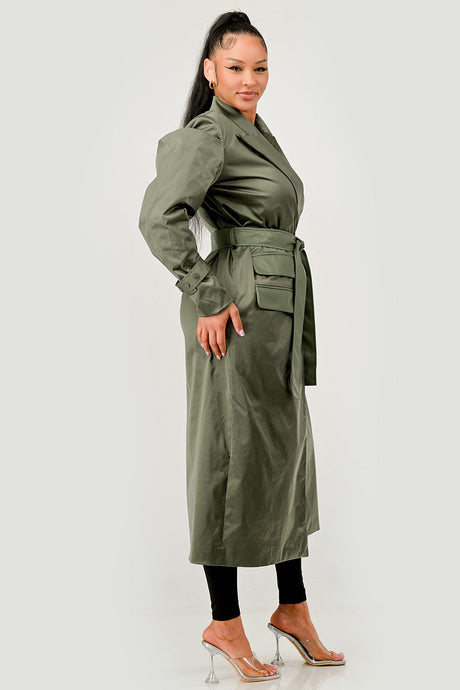 Olive Green Longline Trench Coat with Belt