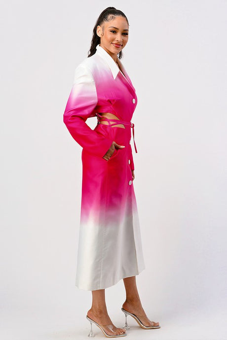 Woman wearing a pink and white gradient dress on a white background