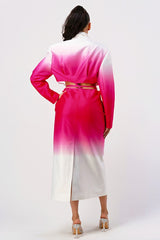 Person wearing a pink and white gradient outfit on a white background