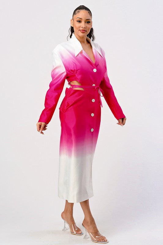 Woman wearing a pink and white gradient dress with buttons on a white background