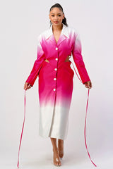 Woman wearing a pink and white gradient dress with long sleeves on a white background